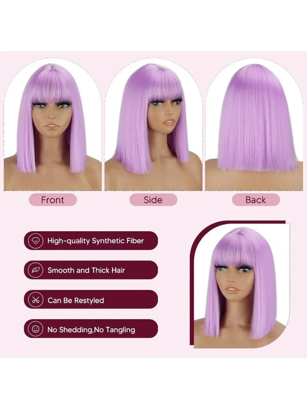 Women's Light Purple 11 Inch Heat Resistant Synthetic Short Straight Wigs Bangs